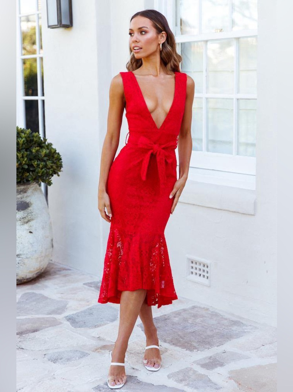 Saints + Secrets Red Lace Plunge Midi Dress Belted Mermaid Hem NWT Size S